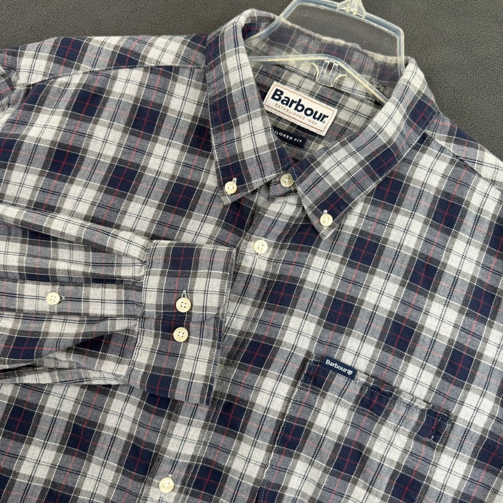 Barbour Mens Tailored Fit Plaid Button Down Shirt Navy Grey Red Large